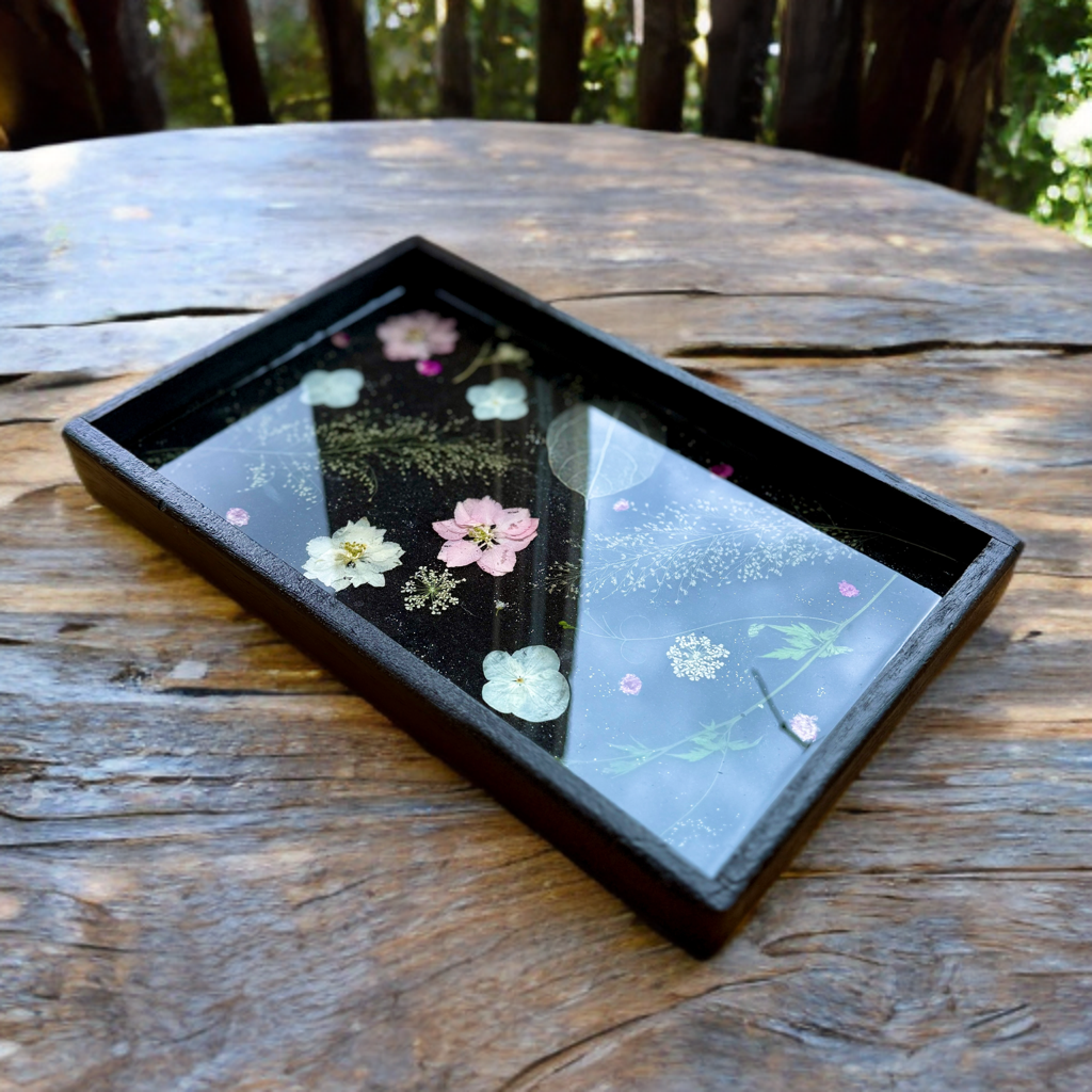 10.4” Black Botanical Resin Tray – Pressed Flower Decor