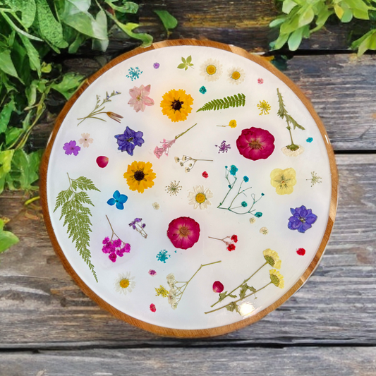 14” Acacia Wood Lazy Susan - Real Dried Pressed Flowers