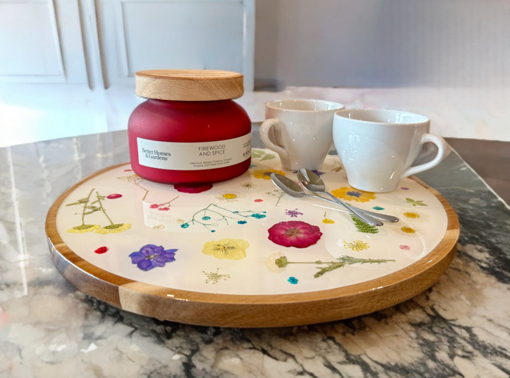 14” Acacia Wood Lazy Susan - Real Dried Pressed Flowers