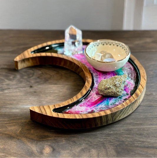 Moon-Shaped Galaxy Wooden Decorative Dish Epoxy Resin