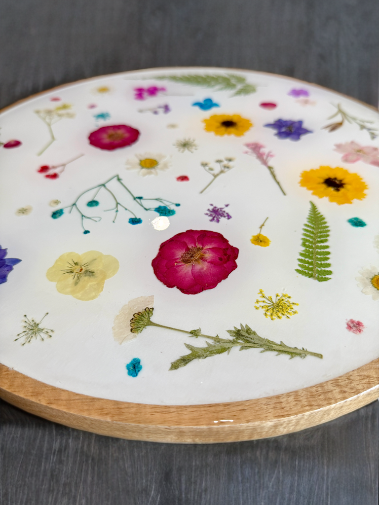14” Acacia Wood Lazy Susan - Real Dried Pressed Flowers