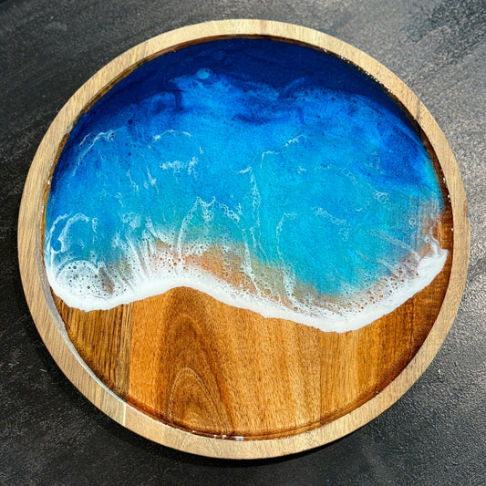 12” Round Acacia Decorative Wooden Plate - Epoxy Resin Beach Wave