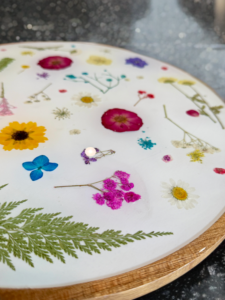 14” Acacia Wood Lazy Susan - Real Dried Pressed Flowers